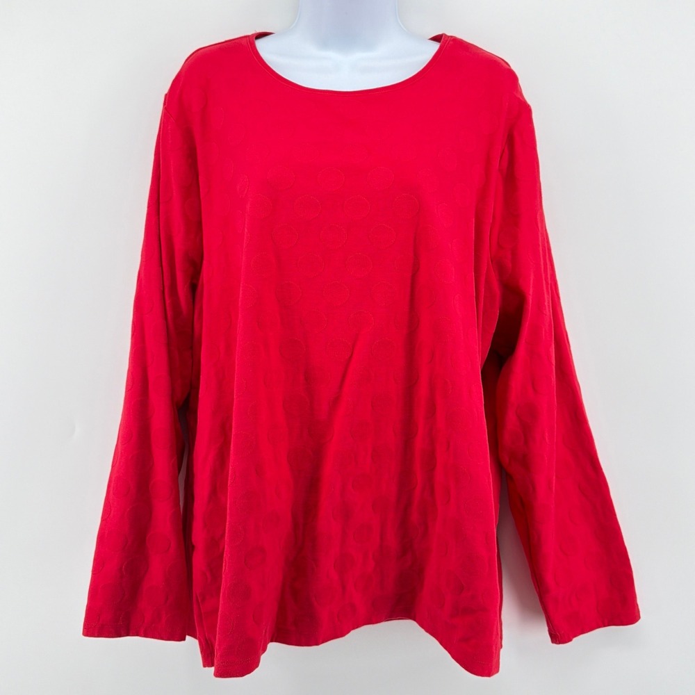 Talbots Tee Plus 3X Red Tonal Polka Dot Long Sleeve Crewneck Stretch Knit Top